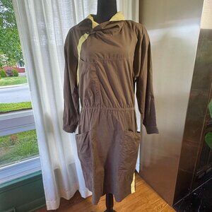 Vintage 80s dress, cocoa brown & yellow, asymmetrical collar, avant-garde style